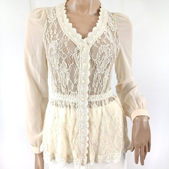 ALTAR'D STATE Blouse LS Button Front Beige Lace & Chiffon S - Picture 1 of 6